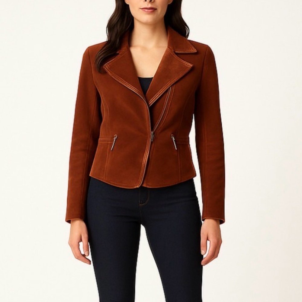 Di Vita Suede Moto Blazer Jacket Size 8 Burnt Orange - Picture 16 of 16